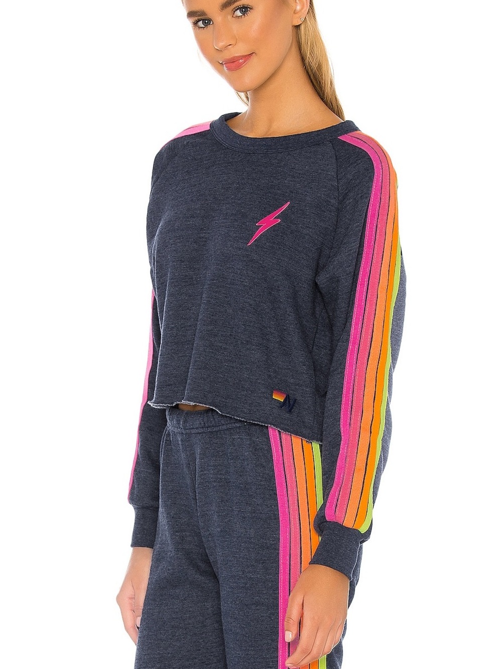Aviator Nation Women's Navy Blue Neon Rainbow Bolt Cropped Sweatshirt M